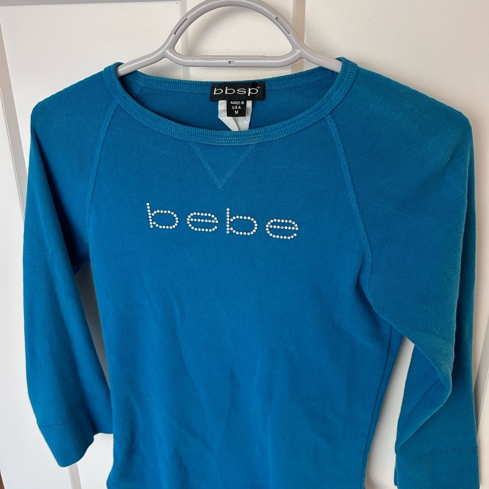 Bebe Teal Fitted 3/4 Sleeve Top with sparkly silver logo, 100cotton, comfy.